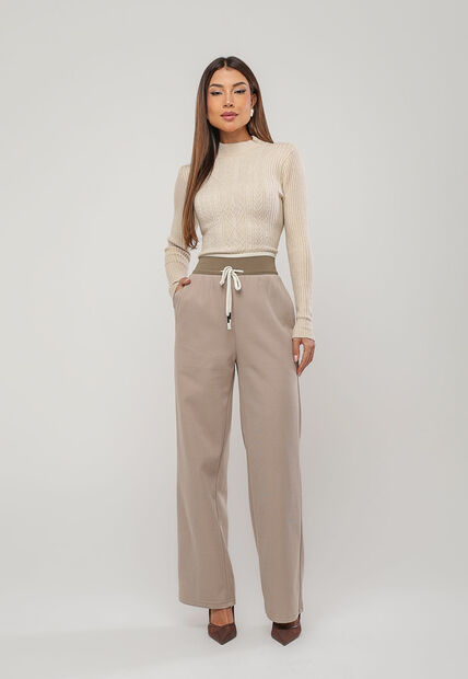 Blusa de Tricot Modal com Gola Alta e Manga Canelada Bege Salvatore