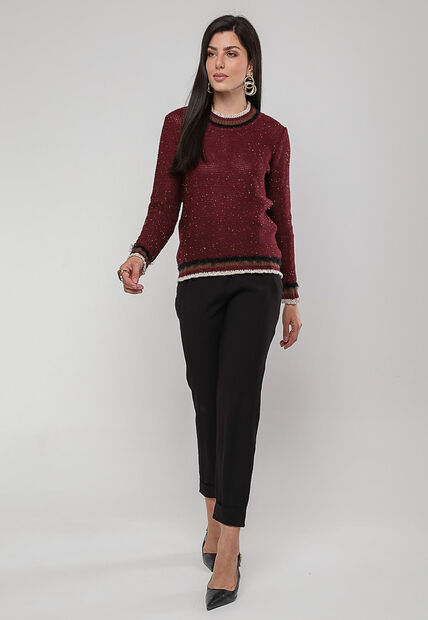 Blusa de Tricot com Fio Boton? Gola Listra Vinho Salvatore