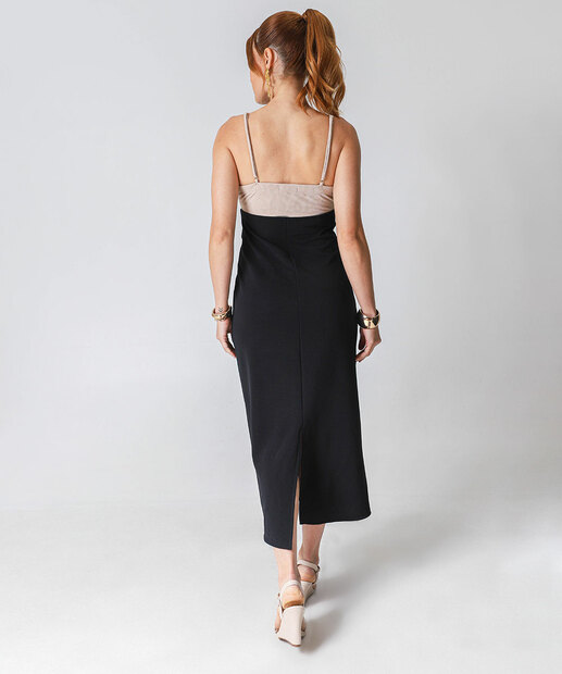 Vestido Feminino Midi Bicolor Alças Finas Marisa Preto