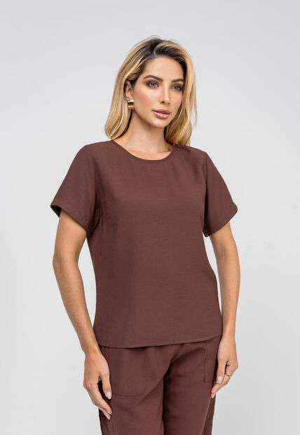 Blusa Alfaiataria Básica Manga Curta Marrom Salvatore