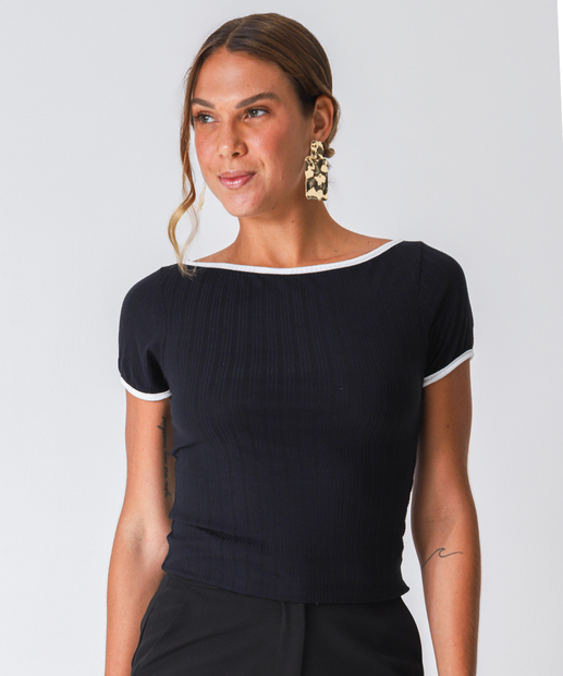 Image_Blusa Feminina Canelado  Manga Curta Marisa Preto