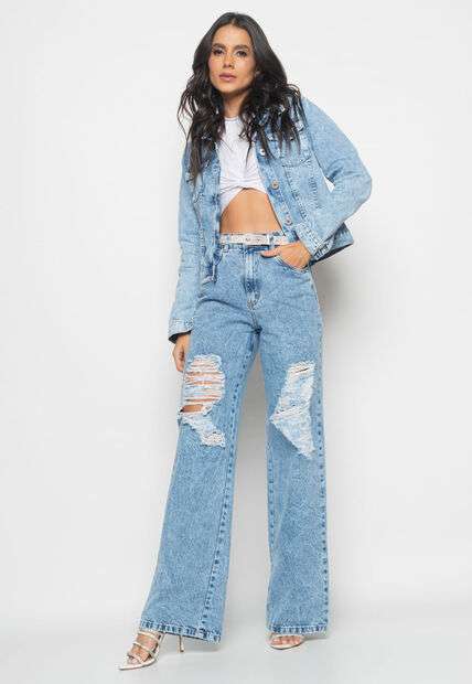 Calça Wide Leg Jeans Destroyed Salvatore Fashion