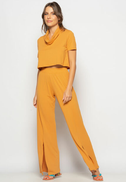 Conjunto Cropped Golão E Calça Fenda Frontal Malha Caramelo Salvatore