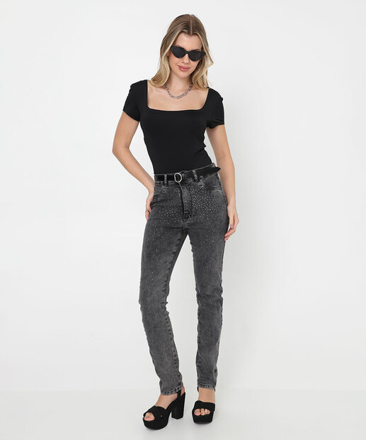 Image_Calça Jeans Skinny Strass Feminina Preto
