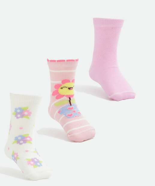 Image_Kit 3 Pares Meias Infantil Soquete Estampa Floral