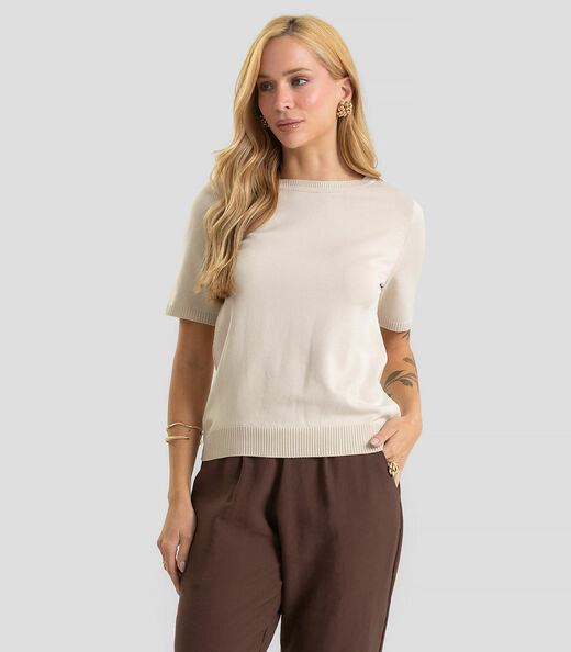 Image_Blusa Feminina Manga Curta Lisa Em Tricot Dianna Bege