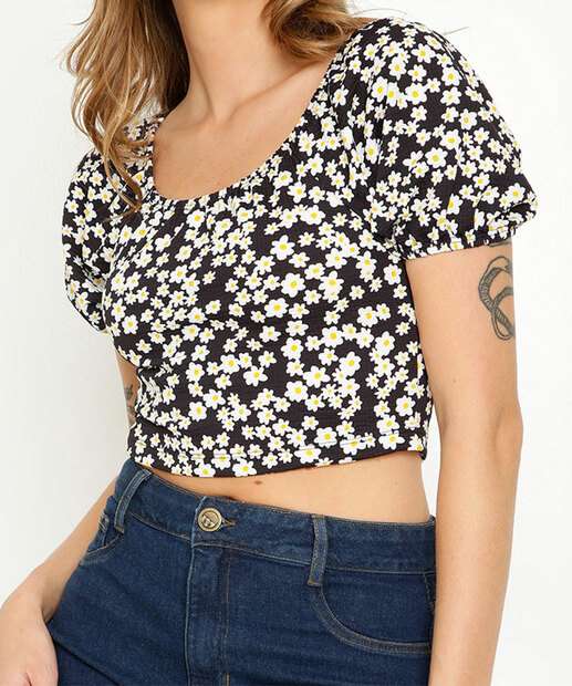 Blusa Cropped Feminina Estampa Flores Marisa