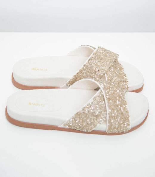 Chinelo Papete Feminina Com Strass Select Off White