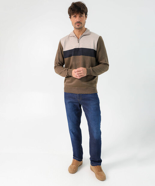 Suéter Masculino Tricô Half Zíper Recortes MR Verde