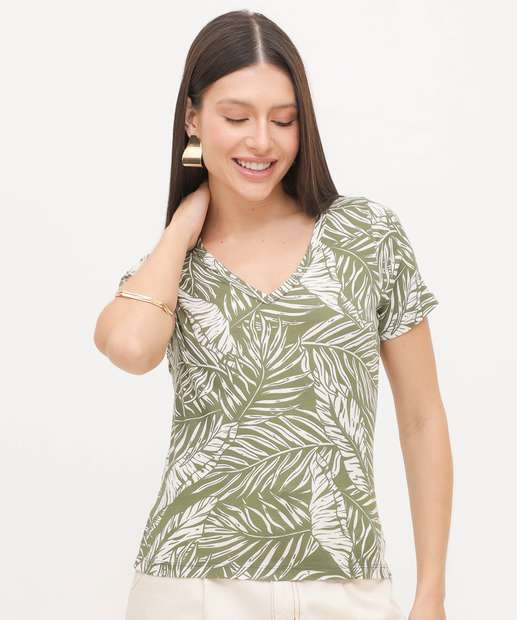 Blusa Feminina Estampa Folhas Manga Curta Marisa