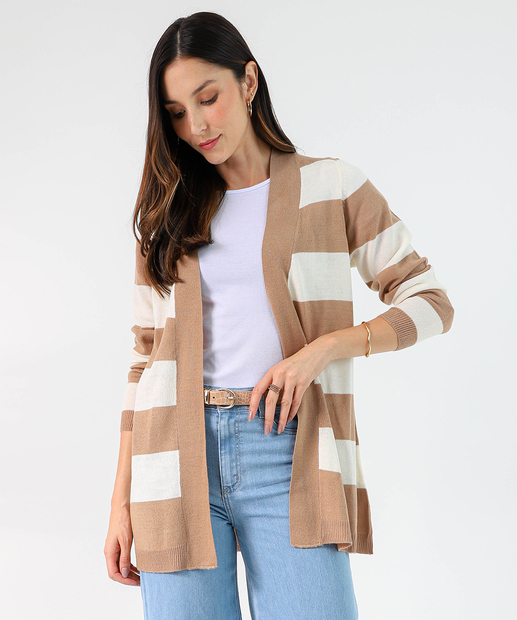 Image_Cardigan Feminino Tricô Listrado Alongado Marisa Marrom