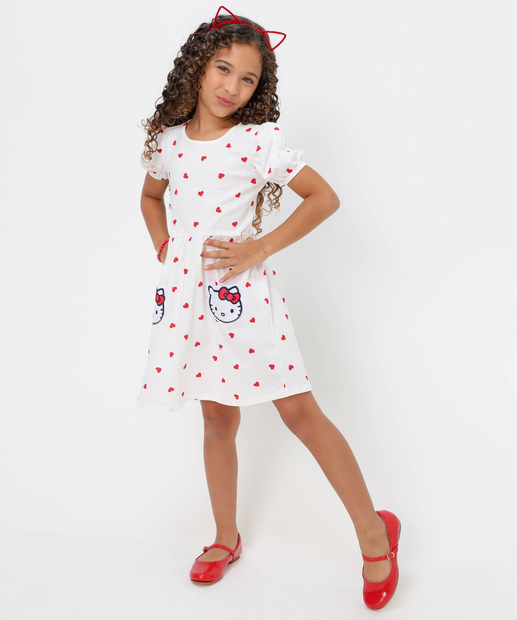 Vestido Infantil Bolsos Hello Kitty Tam 4 a 10 Off White