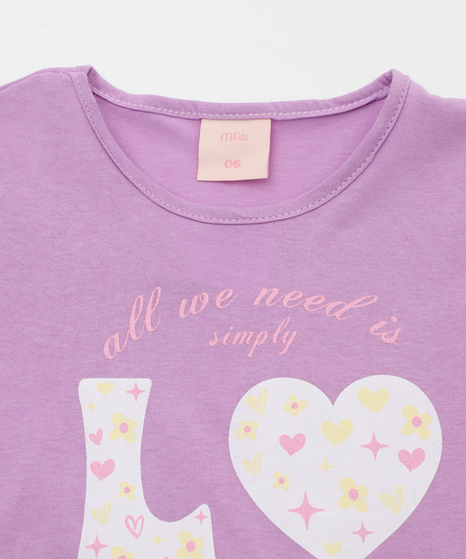 Blusa Infantil Manga Curta Estampa Love Marisa Tam 4 a 10 Lilás