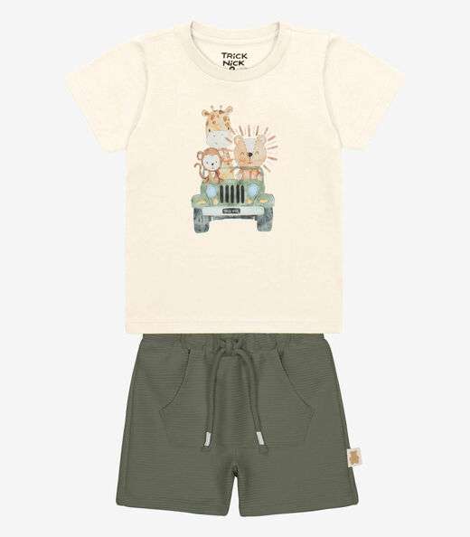 Conjunto Infantil Camiseta Com Bermuda Trick Nick Bege