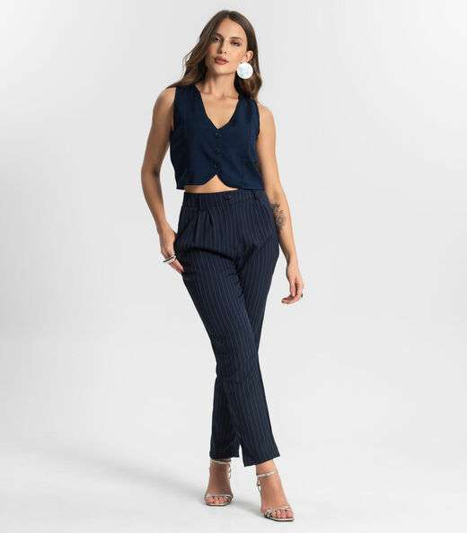 Calça Alfaiataria Cenoura De Risca Giz Style Box Azul
