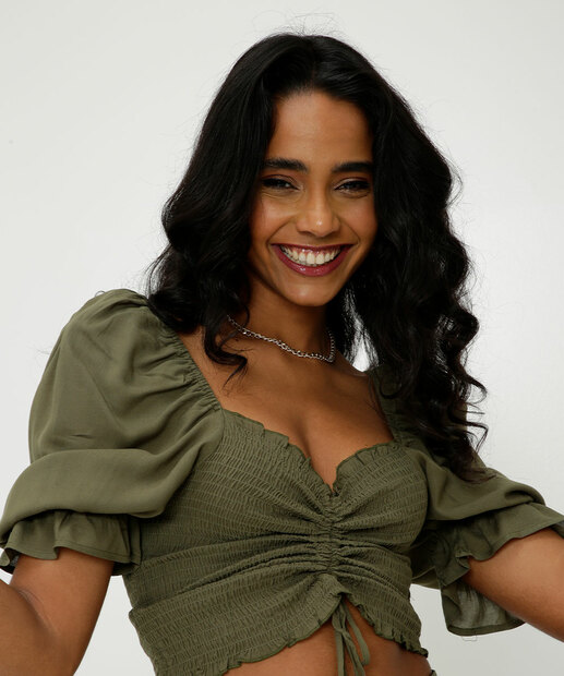 Blusa Cropped Feminina Drapeada Amarração Marisa  