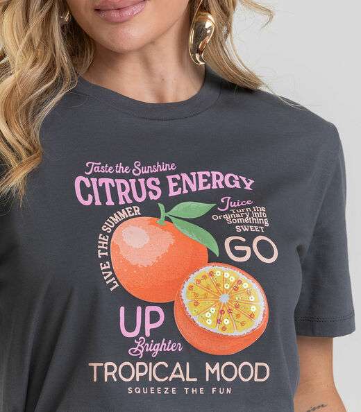 T-Shirt Feminina com Estampa de Frutas Dianna Cinza