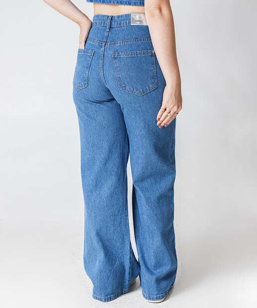 Calça Jeans Wide Leg Bolsos Feminina Marisa
