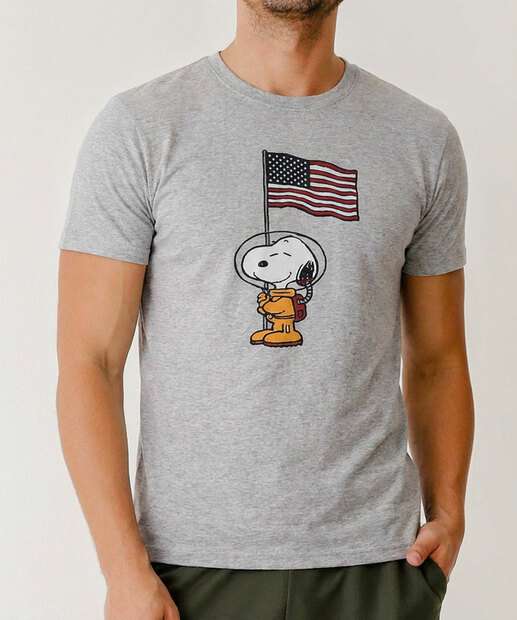 Camiseta Masculina Manga Curta Snoopy Cinza