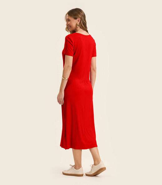 Vestido Midi Ribana Canelada Básico Rovitex Laranja