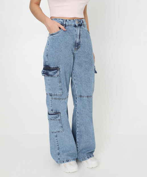 Calça Feminina Jeans Cargo Wide Leg Azul