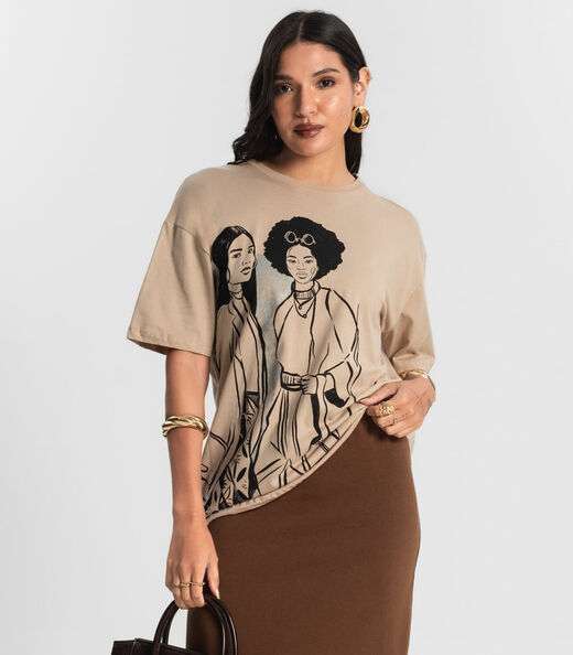 Blusa T- Shirt Feminina com Estampa Metalizada Marrom