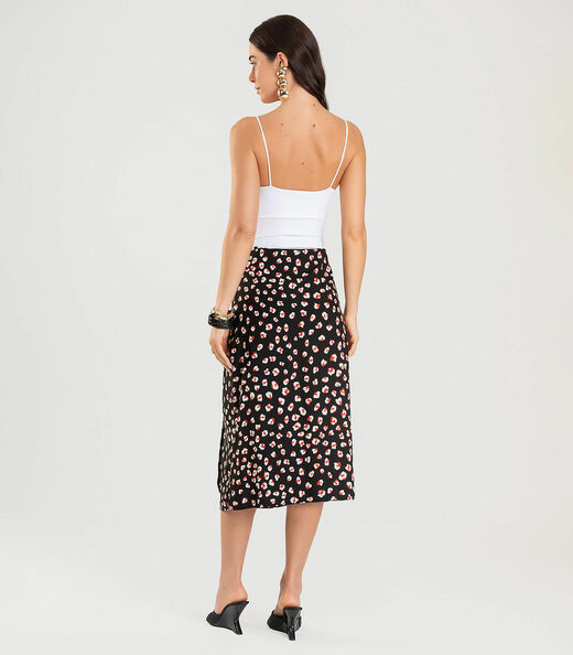 Saia Midi Transpassada Estampada Dianna Preto
