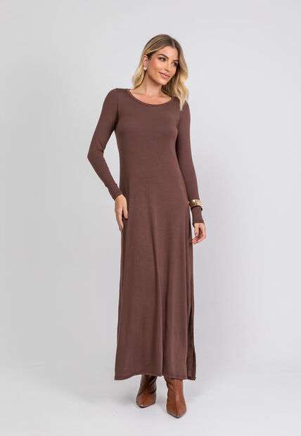 Vestido Longo Manga Longa Malha Marrom Salvatore Fashion