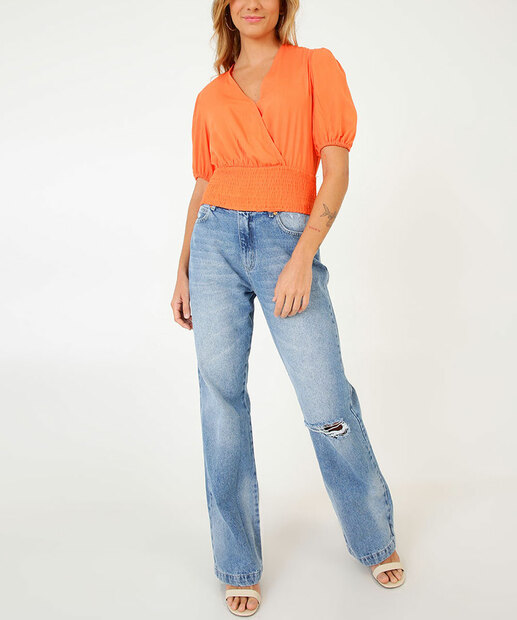 Blusa Feminina Transpassada Lastex Manga Curta Marisa