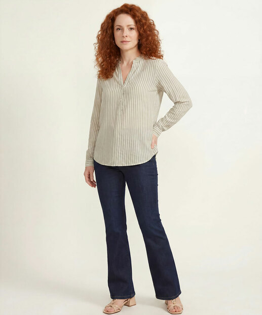 Camisa Feminina Listrada Manga Longa Marisa Verde