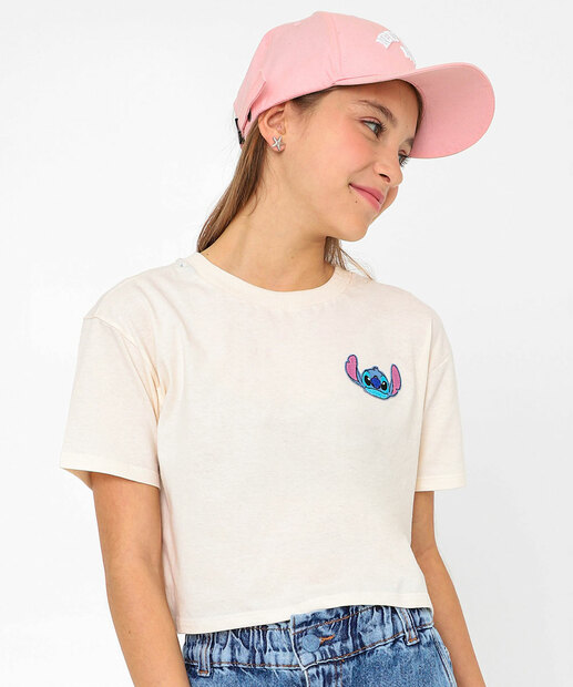 Blusa Juvenil Cropped Stitch Disney Tam 10 a 16 Bege