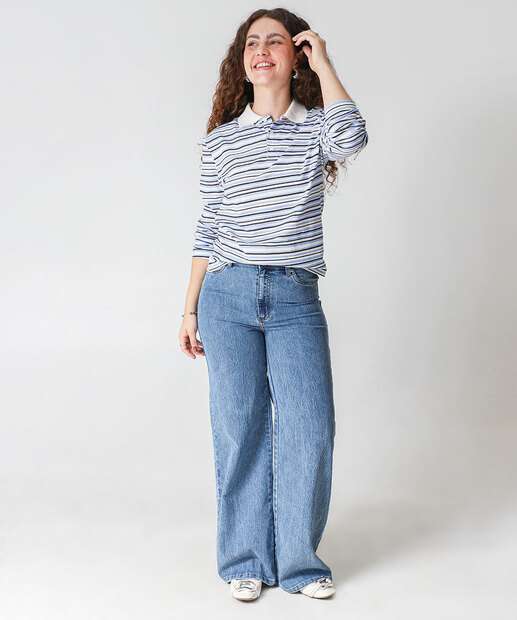 Blusa Polo Feminino Listrado Manga Longa Marisa Off White