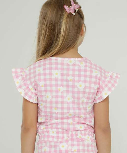 Blusa Infantil Manga Curta Babado Xadrez Marisa Tam 4 a 10