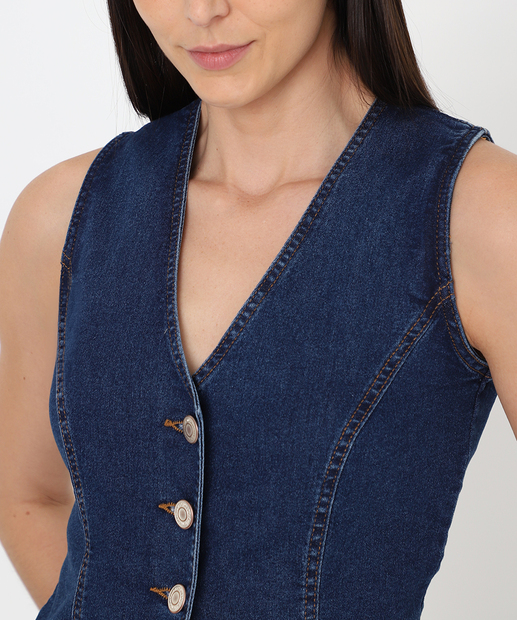 Colete Feminino Jeans Alongado Botões Sawary Azul