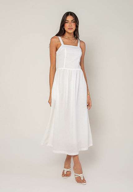 Vestido Alfaiataria Midi Com Alças Largas e Amarração Branco Salvatore