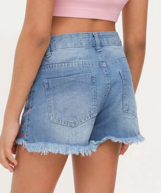 Short Juvenil Jeans Bordado Cereja Tam 10 a 16