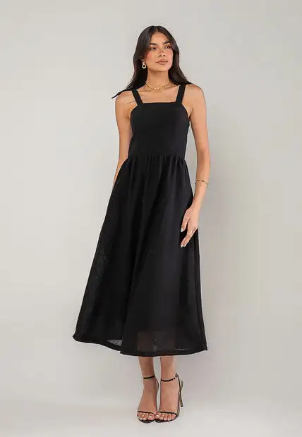 Vestido Alfaiataria Midi Com Alças Largas e Amarração Preto Salvatore