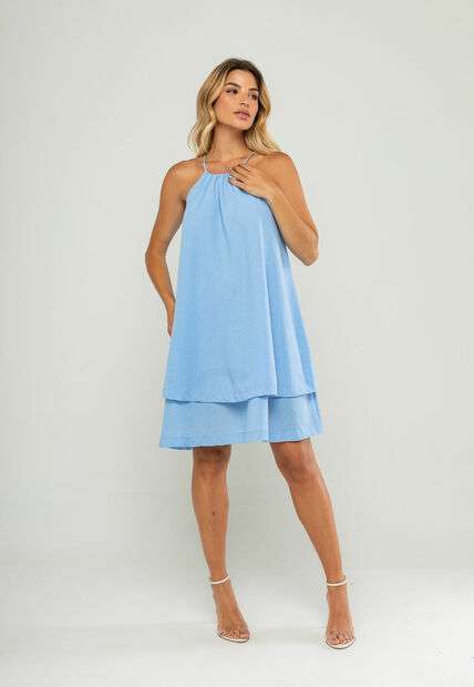 Vestido Curto Com Alças Finas e Babado Duplo Azul Salvatore