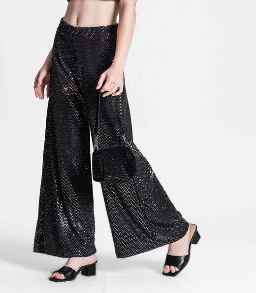 Calça Juvenil Wide Leg Em Lantejoulas Minty Preto