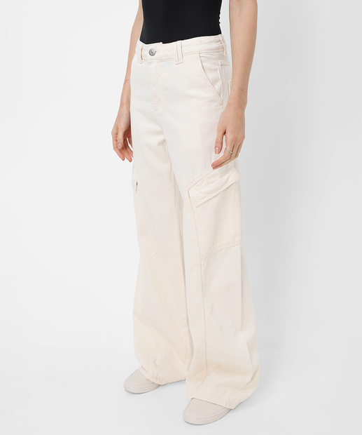 Calça Wide Leg Feminina Sarja Cargo Sawary Off White