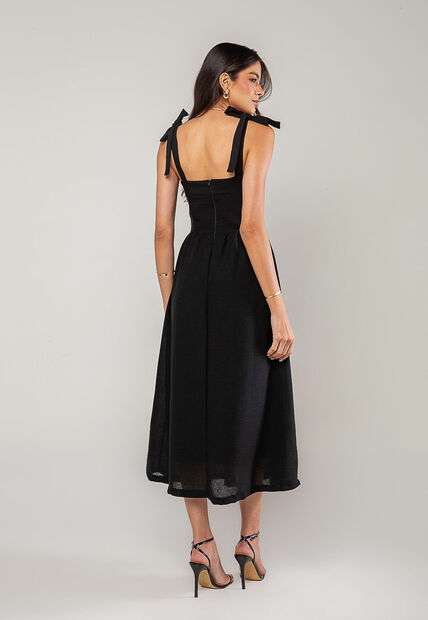 Vestido Alfaiataria Midi Com Alças Largas e Amarração Preto Salvatore