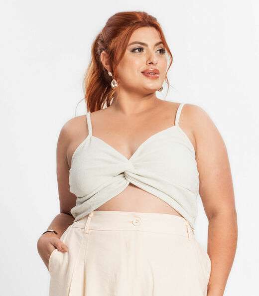 Blusa Cropped Feminina Plus Size Secret Glam Bege