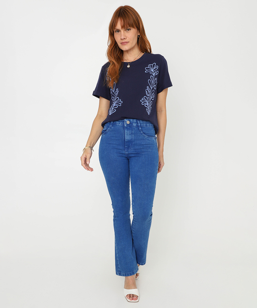 Blusa Feminina Estampa Flores Manga Curta Marisa Azul