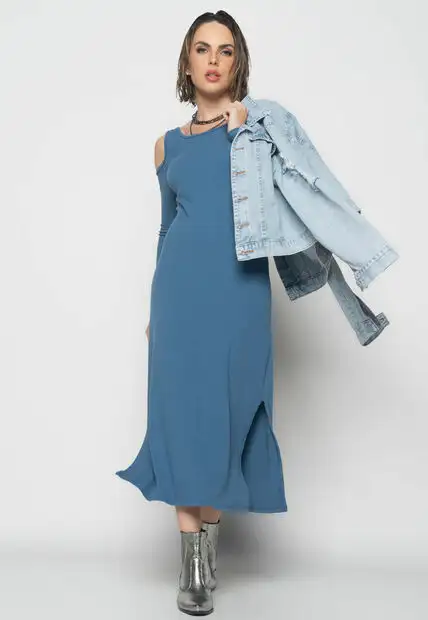 Vestido Midi Ombro Vazado Manga Longa Canelado  Fashion Azul Jeans