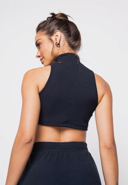 Cropped  Regata Sport Cadarço Gola Malha Canelada Preto