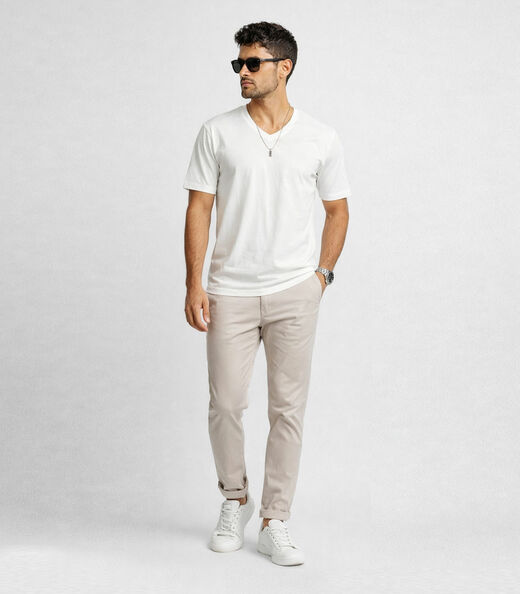 Camiseta Masculina Básica Com Gola Em V Select Bege