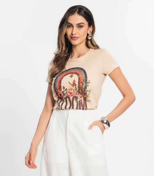 Blusa Baby Look Feminina Estampada Select Bege