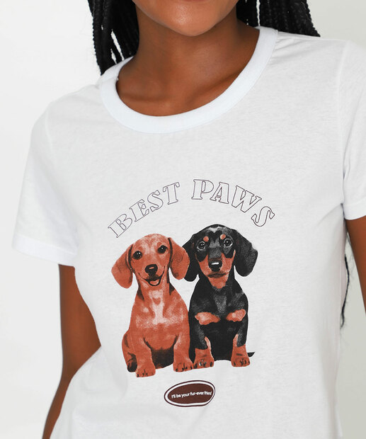 Camiseta Feminina Cachorros Manga Curta Marisa Branco