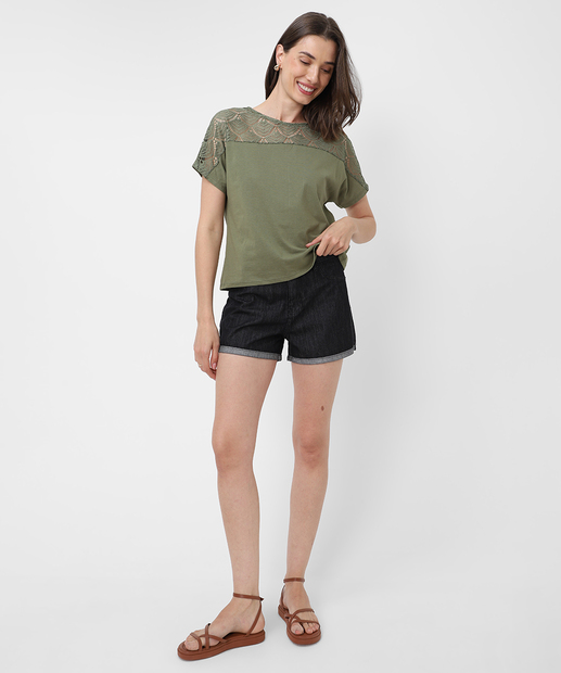 Blusa Feminina Rendada Manga Curta Marisa Verde