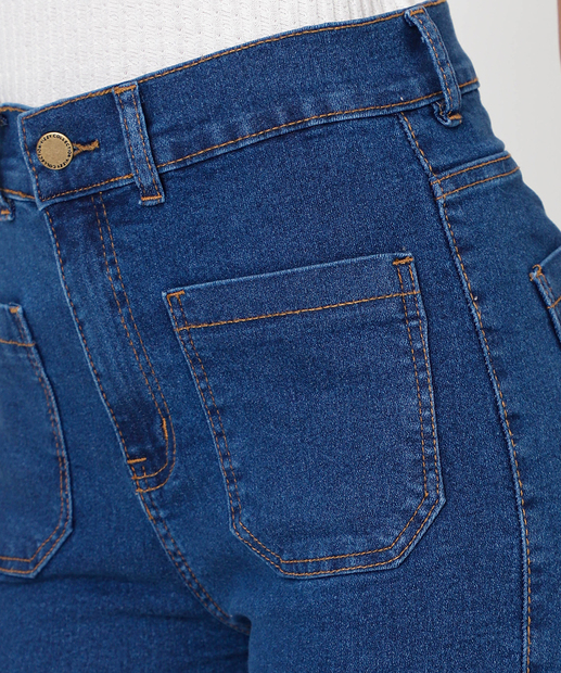 Short Jeans Feminino Bolsos Cintura Alta Azul